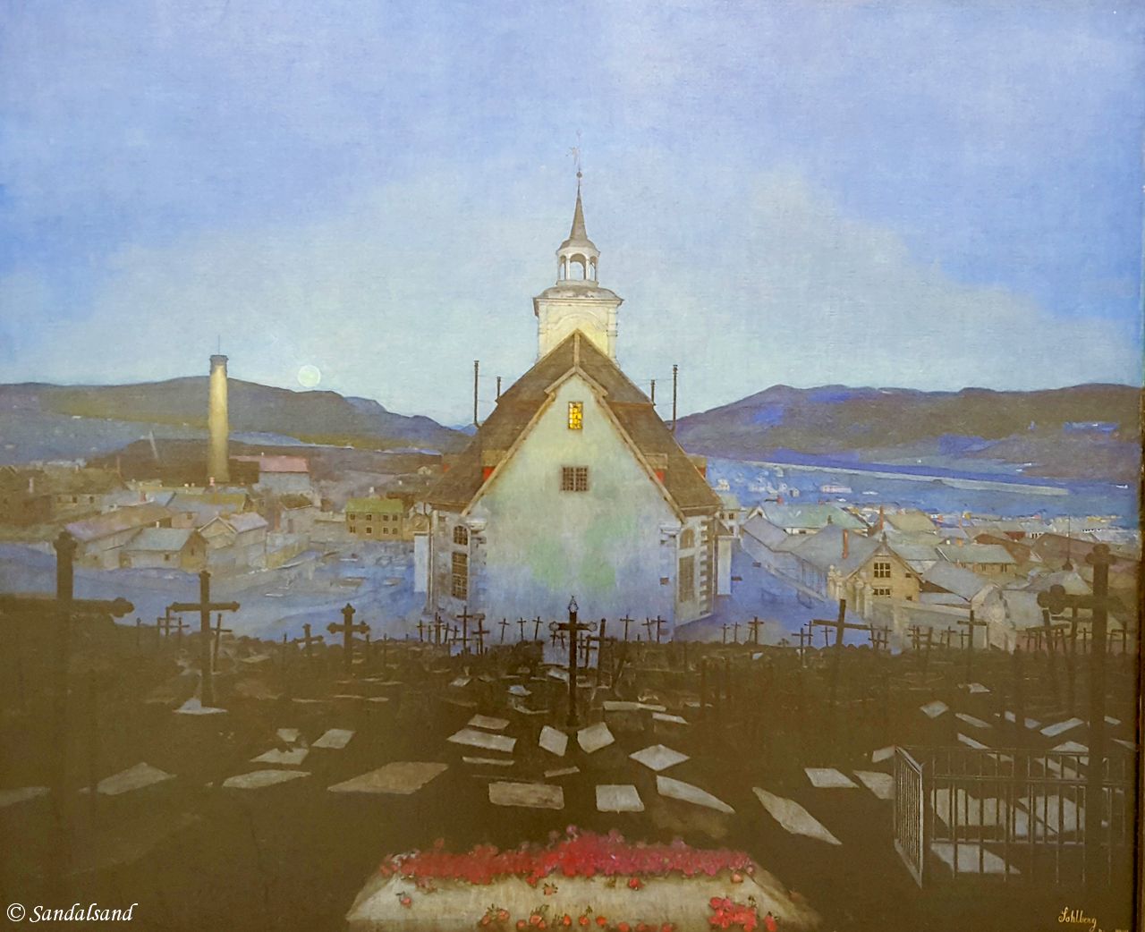 Sør-Trøndelag - Trondheim - Trondheim kunstmuseum - Natt, Røros kirke (Harald Sohlberg, 1904) Sør-Trøndelag - Trondheim - Trondheim kunstmuseum - Natt, Røros kirke (Harald Sohlberg, 1904)